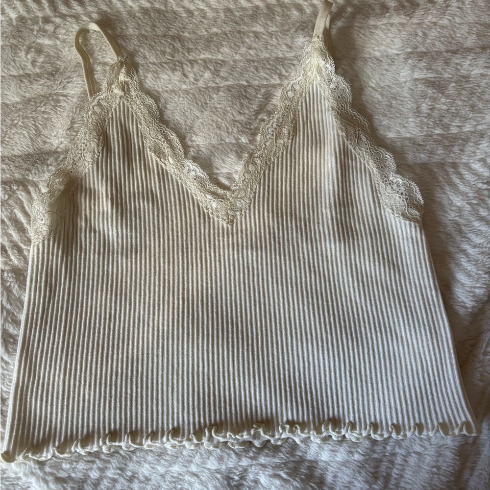 Lace Trim Ribbed Tank Top Cropped